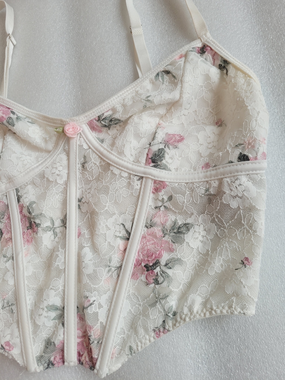 Floral Lace Bustier White with Pink Roses Corset Feminine - Picture 3 of 9